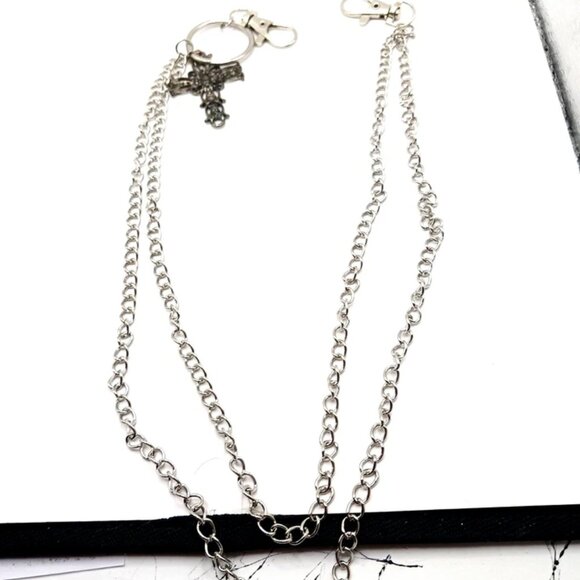 Mens Wallet Or Pants Double Layer Silver Tone Chain + Antique Style Cross -21" - Picture 7 of 8